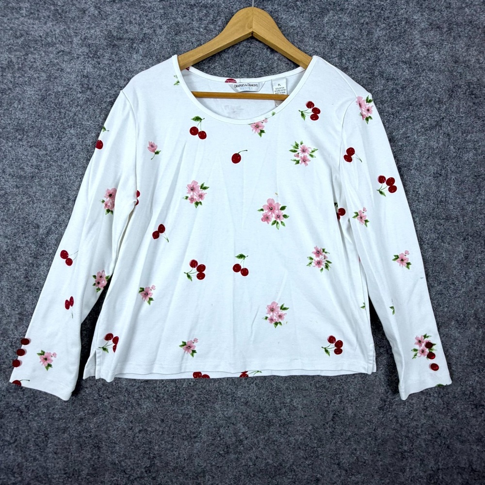 Draper's & Damon's Top Womens Large Petite White Cherry Floral Girly Modest